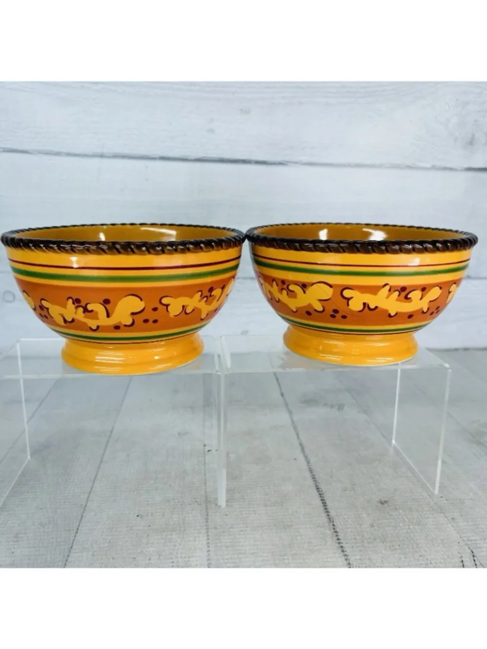 Celebrating Home TUSCAN Orange Yellow Stoneware Footed Soup Cereal Bowls Set 2